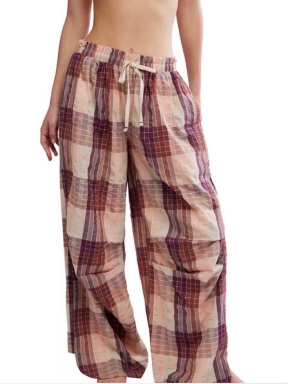 Free People NWT Women's Wide-Leg Plaid Lounge Pants - Pink Plaid